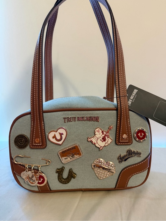True Religion Light Blue Denim Tote with Brown Trim